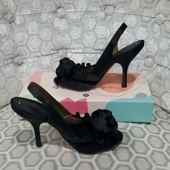 BCBGMaxAzria Black Rose Silk Slingback Heels Size 38 or 8 - Picture 1 of 15